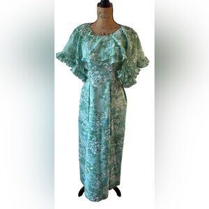 1970s Floral Maxi Dress: Blue Ruffle Neckline, handmade w matching shawl